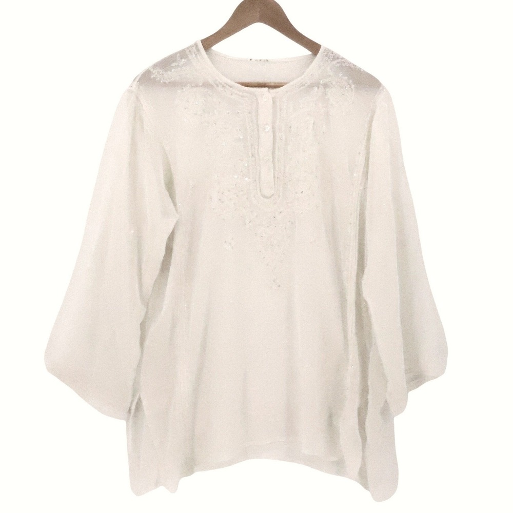 Boho Embroidered Sequin Chiffon Sheer Tunic Top Size L Cream Peasant Festival